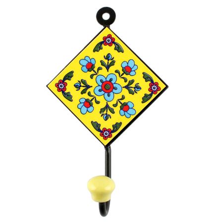 Yellow With Turquoise Tiny Flower Ceramic Tiles Hook 